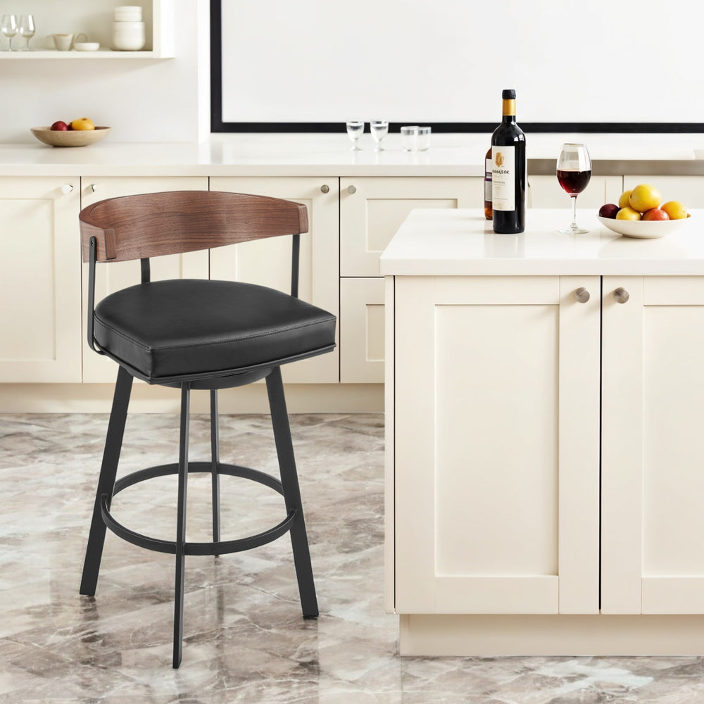 Homeroots 30" Black And Brown Faux Leather And Iron Low Back Bar Height Swivel Bar Chair   569161