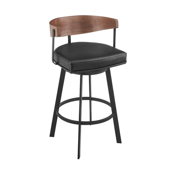 Homeroots 30" Black And Brown Faux Leather And Iron Low Back Bar Height Swivel Bar Chair   569161