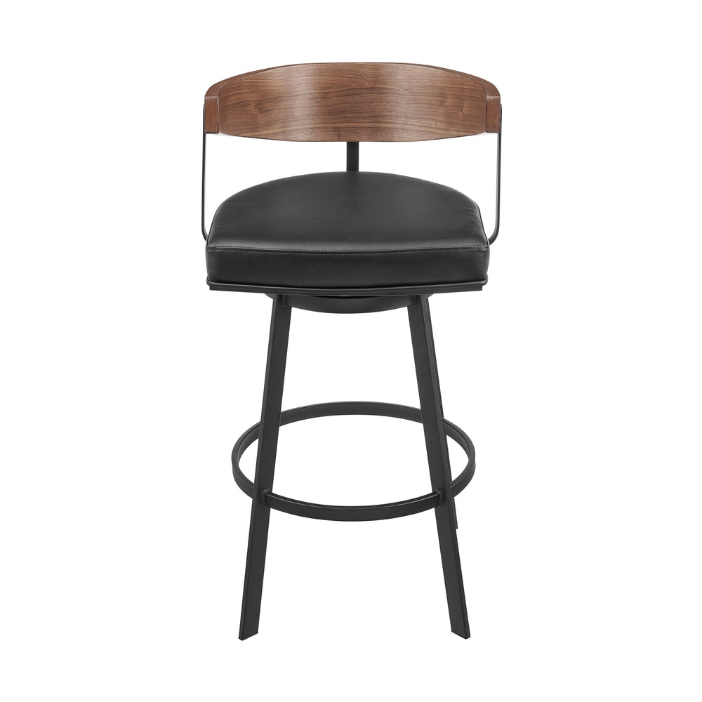 Homeroots 30" Black And Brown Faux Leather And Iron Low Back Bar Height Swivel Bar Chair   569161