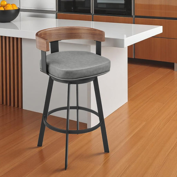HomeRoots 26" Gray and Black Faux Leather Swivel Bar Chair - Modern Low Back Design for Stylish Comfort 569162
