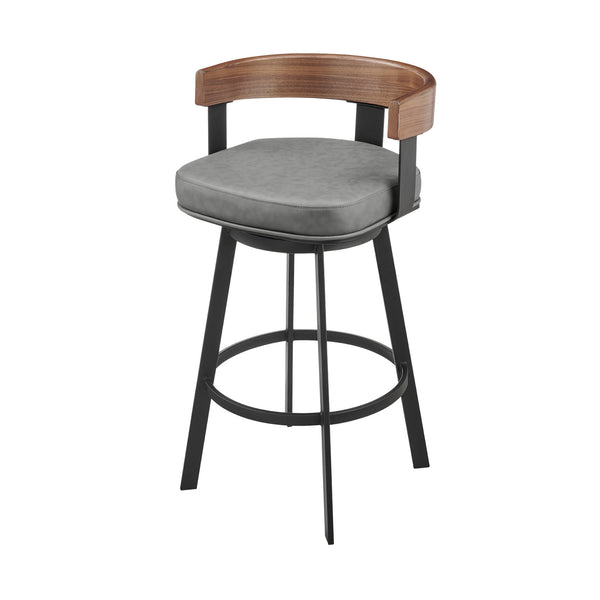 Homeroots 30" Gray Brown And Black Faux Leather And Iron Low Back Bar Height Swivel Bar Chair   569163