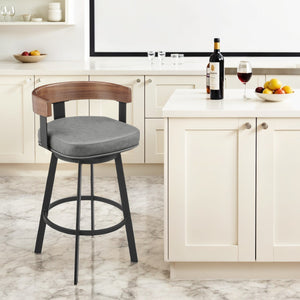 Homeroots 30" Gray Brown And Black Faux Leather And Iron Low Back Bar Height Swivel Bar Chair   569163