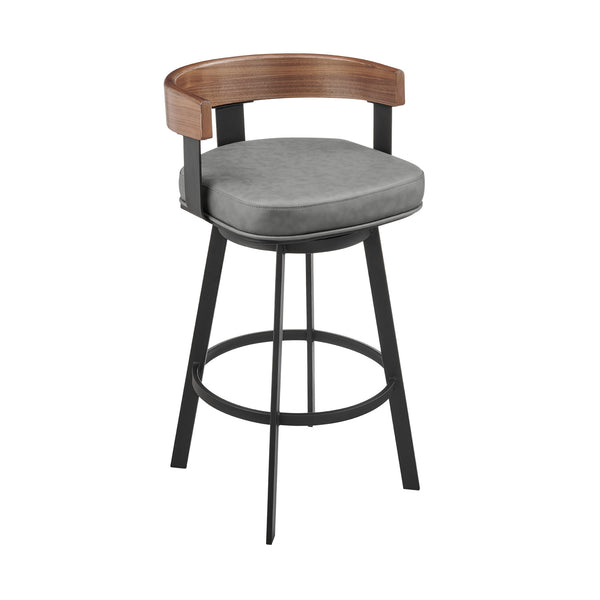 Homeroots 30" Gray Brown And Black Faux Leather And Iron Low Back Bar Height Swivel Bar Chair   569163