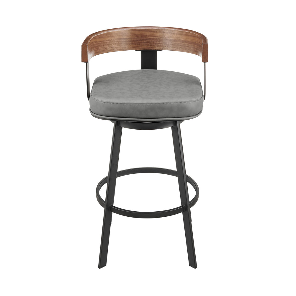 Homeroots 30" Gray Brown And Black Faux Leather And Iron Low Back Bar Height Swivel Bar Chair   569163