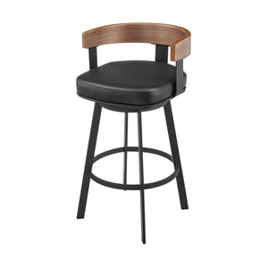 Homeroots 30" Black And Brown Faux Leather And Iron Low Back Bar Height Swivel Bar Chair   569165