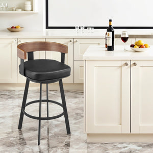 Homeroots 30" Black And Brown Faux Leather And Iron Low Back Bar Height Swivel Bar Chair   569165