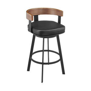 Homeroots 30" Black And Brown Faux Leather And Iron Low Back Bar Height Swivel Bar Chair   569165
