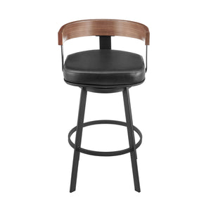 Homeroots 30" Black And Brown Faux Leather And Iron Low Back Bar Height Swivel Bar Chair   569165