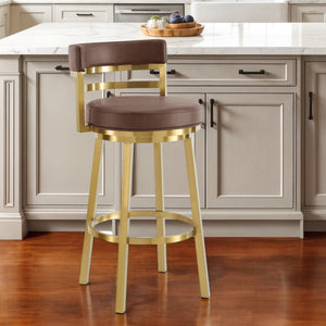 Homeroots 26" Coffee And Gold Faux Leather And Stainless Steel Low Back Counter Height Swivel Bar Chair   569166