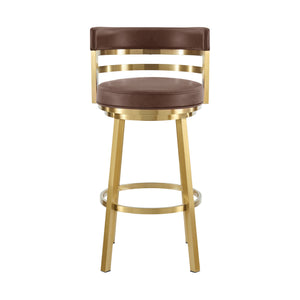 Homeroots 26" Coffee And Gold Faux Leather And Stainless Steel Low Back Counter Height Swivel Bar Chair   569166