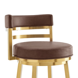 Homeroots 26" Coffee And Gold Faux Leather And Stainless Steel Low Back Counter Height Swivel Bar Chair   569166
