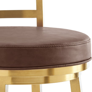 Homeroots 26" Coffee And Gold Faux Leather And Stainless Steel Low Back Counter Height Swivel Bar Chair   569166