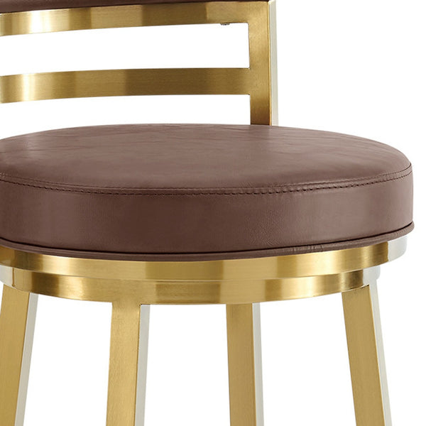 Homeroots 30" Coffee And Gold Faux Leather And Stainless Steel Low Back Bar Height Swivel Bar Chair   569167