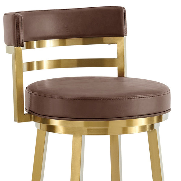 Homeroots 30" Coffee And Gold Faux Leather And Stainless Steel Low Back Bar Height Swivel Bar Chair   569167