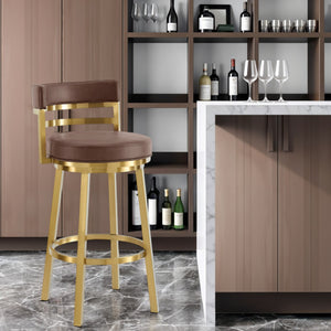 Homeroots 30" Coffee And Gold Faux Leather And Stainless Steel Low Back Bar Height Swivel Bar Chair   569167