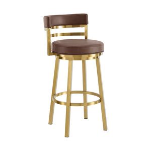 Homeroots 30" Coffee And Gold Faux Leather And Stainless Steel Low Back Bar Height Swivel Bar Chair   569167