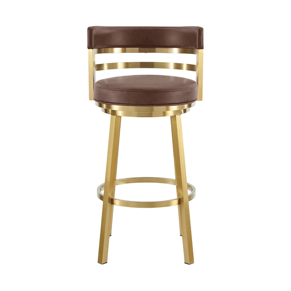 Homeroots 30" Coffee And Gold Faux Leather And Stainless Steel Low Back Bar Height Swivel Bar Chair   569167