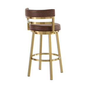 Homeroots 30" Coffee And Gold Faux Leather And Stainless Steel Low Back Bar Height Swivel Bar Chair   569167