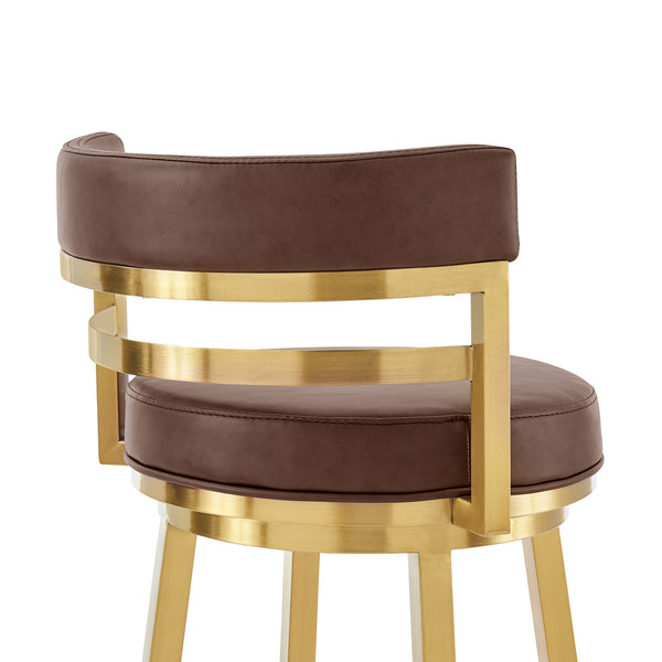 Homeroots 30" Coffee And Gold Faux Leather And Stainless Steel Low Back Bar Height Swivel Bar Chair   569167