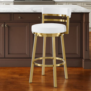 Homeroots 26" White And Gold Faux Leather And Stainless Steel Low Back Counter Height Swivel Bar Chair   569168