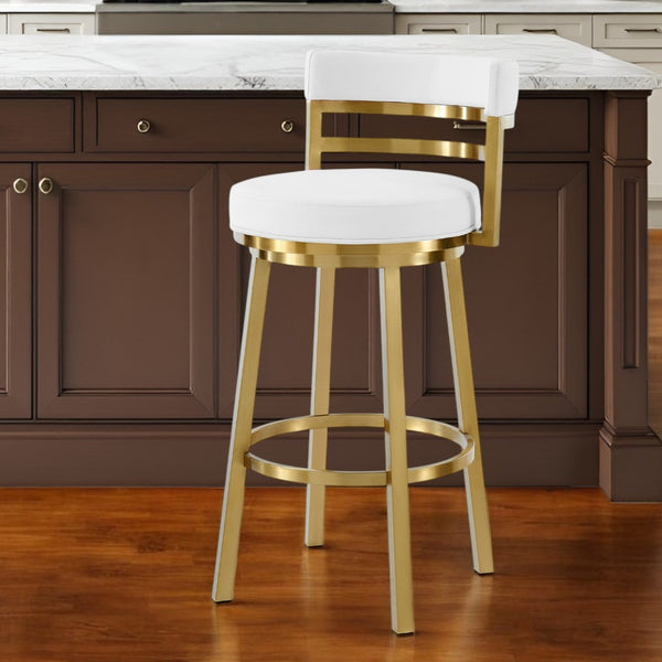 Homeroots 26" White And Gold Faux Leather And Stainless Steel Low Back Counter Height Swivel Bar Chair   569168
