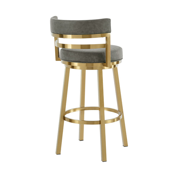 Homeroots 30" Gray And Gold Faux Leather And Stainless Steel Low Back Bar Height Swivel Bar Chair   569171