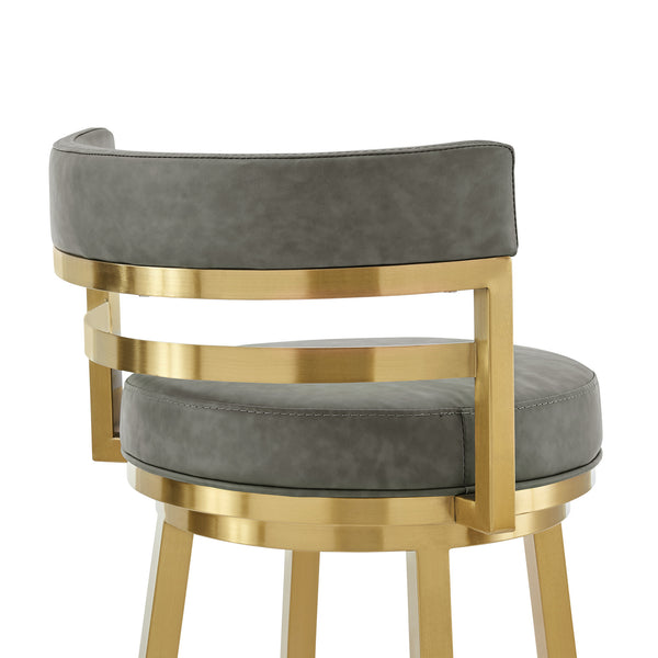 Homeroots 30" Gray And Gold Faux Leather And Stainless Steel Low Back Bar Height Swivel Bar Chair   569171