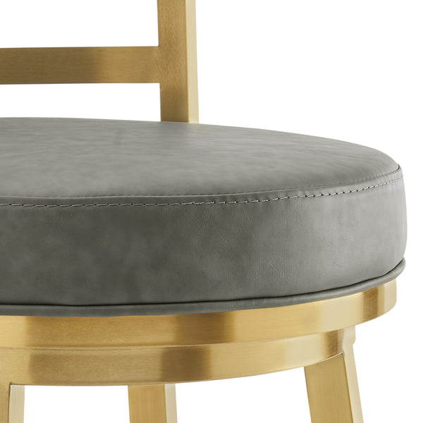 Homeroots 30" Gray And Gold Faux Leather And Stainless Steel Low Back Bar Height Swivel Bar Chair   569171