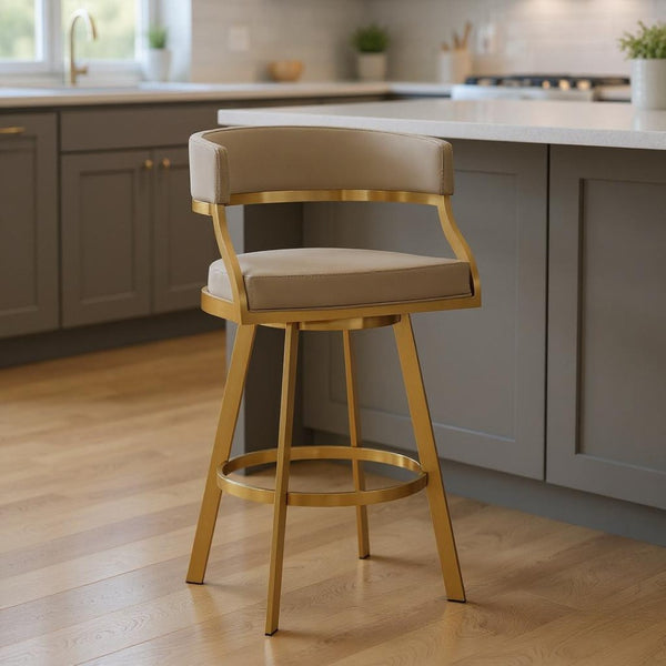 HomeRoots 26" Sand Faux Leather & Gold Stainless Steel Swivel Bar Chair for Modern Kitchen & Dining Style 569172
