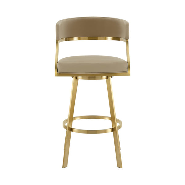 HomeRoots 26" Sand Faux Leather & Gold Stainless Steel Swivel Bar Chair for Modern Kitchen & Dining Style 569172