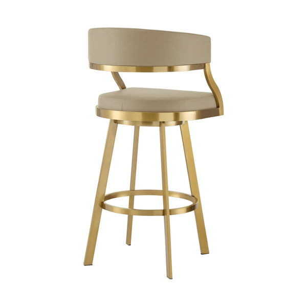 HomeRoots 26" Sand Faux Leather & Gold Stainless Steel Swivel Bar Chair for Modern Kitchen & Dining Style 569172