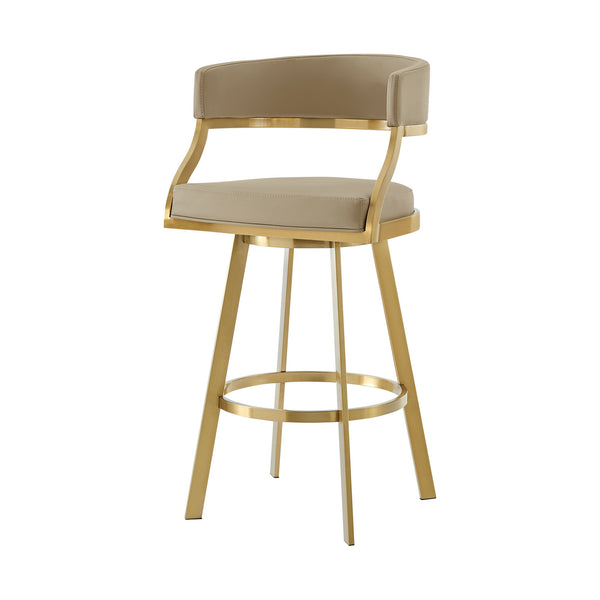 Homeroots 30" Sand And Gold Faux Leather And Stainless Steel Low Back Bar Height Swivel Bar Chair   569173