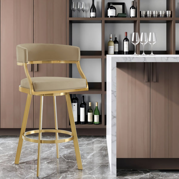 Homeroots 30" Sand And Gold Faux Leather And Stainless Steel Low Back Bar Height Swivel Bar Chair   569173