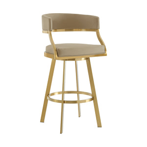 Homeroots 30" Sand And Gold Faux Leather And Stainless Steel Low Back Bar Height Swivel Bar Chair   569173