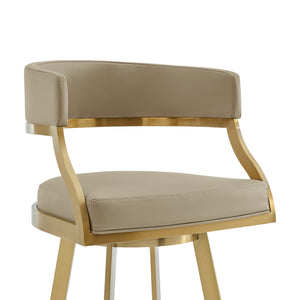 Homeroots 30" Sand And Gold Faux Leather And Stainless Steel Low Back Bar Height Swivel Bar Chair   569173
