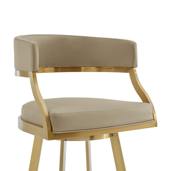 Homeroots 30" Sand And Gold Faux Leather And Stainless Steel Low Back Bar Height Swivel Bar Chair   569173