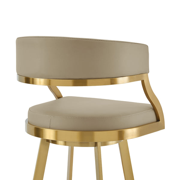 Homeroots 30" Sand And Gold Faux Leather And Stainless Steel Low Back Bar Height Swivel Bar Chair   569173