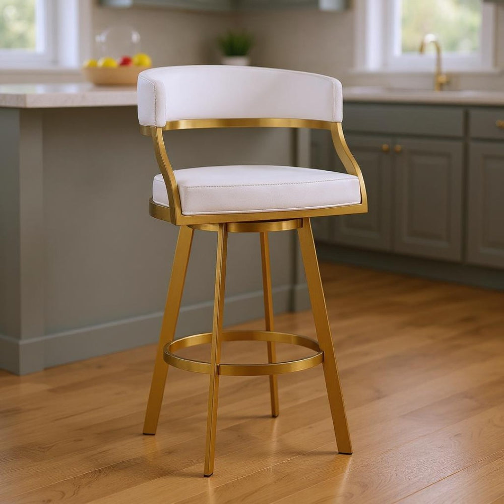 HomeRoots 26" White Faux Leather & Gold Stainless Steel Swivel Bar Chair – Stylish Low Back Comfort Seat 569174