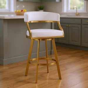 HomeRoots 26" White Faux Leather & Gold Stainless Steel Swivel Bar Chair – Stylish Low Back Comfort Seat 569174