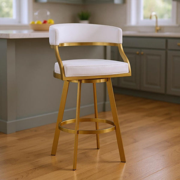 HomeRoots 26" White Faux Leather & Gold Stainless Steel Swivel Bar Chair – Stylish Low Back Comfort Seat 569174