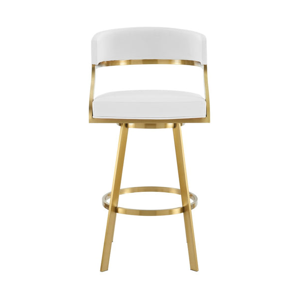 HomeRoots 26" White Faux Leather & Gold Stainless Steel Swivel Bar Chair – Stylish Low Back Comfort Seat 569174