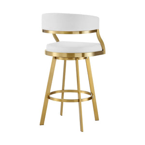 HomeRoots 26" White Faux Leather & Gold Stainless Steel Swivel Bar Chair – Stylish Low Back Comfort Seat 569174