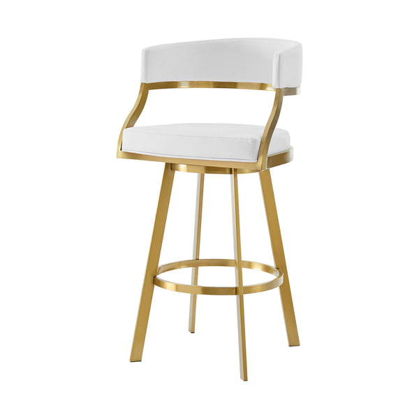 Homeroots 30" White And Gold Faux Leather And Stainless Steel Low Back Bar Height Swivel Bar Chair   569175