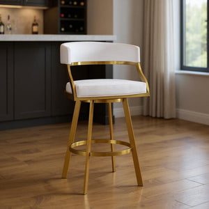 HomeRoots 30" White Faux Leather Swivel Bar Chair with Gold Stainless Steel Frame for Modern Home Bars & Kitchens 569175