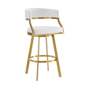 Homeroots 30" White And Gold Faux Leather And Stainless Steel Low Back Bar Height Swivel Bar Chair   569175