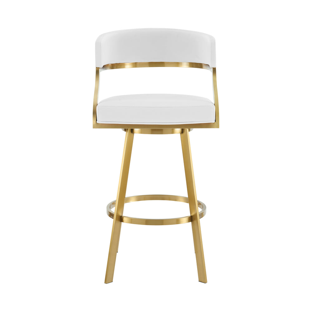 Homeroots 30" White And Gold Faux Leather And Stainless Steel Low Back Bar Height Swivel Bar Chair   569175