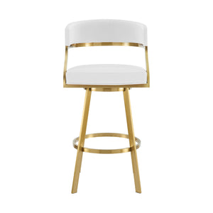 Homeroots 30" White And Gold Faux Leather And Stainless Steel Low Back Bar Height Swivel Bar Chair   569175