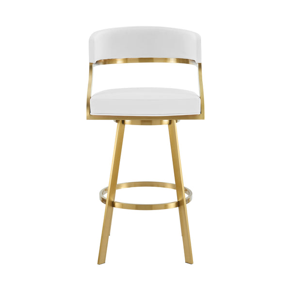 Homeroots 30" White And Gold Faux Leather And Stainless Steel Low Back Bar Height Swivel Bar Chair   569175