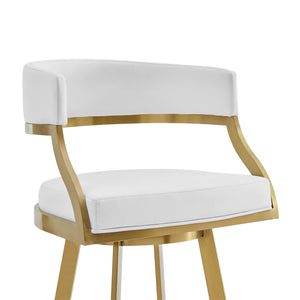 Homeroots 30" White And Gold Faux Leather And Stainless Steel Low Back Bar Height Swivel Bar Chair   569175