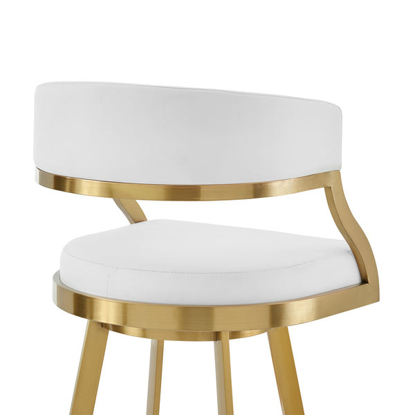 Homeroots 30" White And Gold Faux Leather And Stainless Steel Low Back Bar Height Swivel Bar Chair   569175